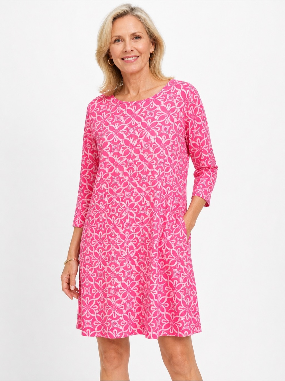 Lulu-B pink round neck 3/4 sleeve dress geometric size small Beach tropical